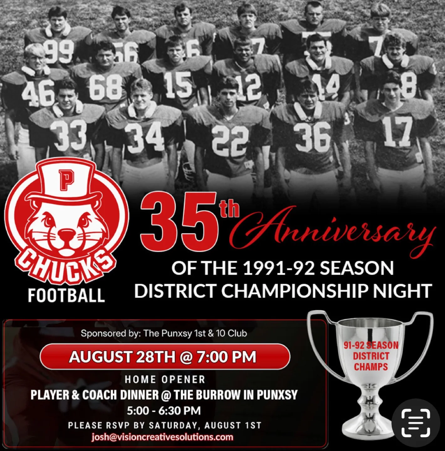 35th anniversary graphic for the 1991–92 Chucks district championship season